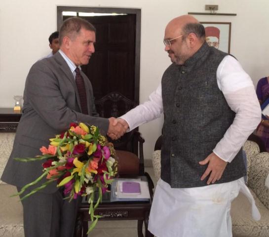 Ambassador Daniel Carmon being greeted by BJP President Amit Shah